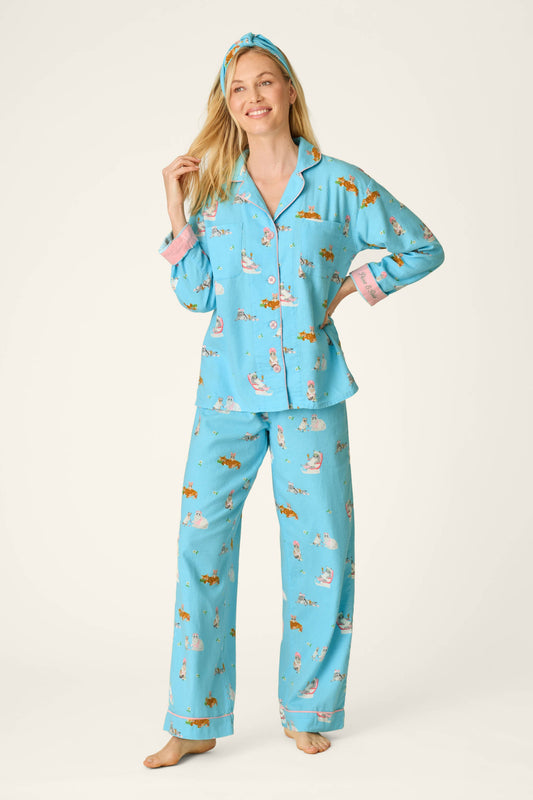 Pampered Cat Print 3-Piece Long Sleeve Flannel PJ Set - BLUE ELIXIR