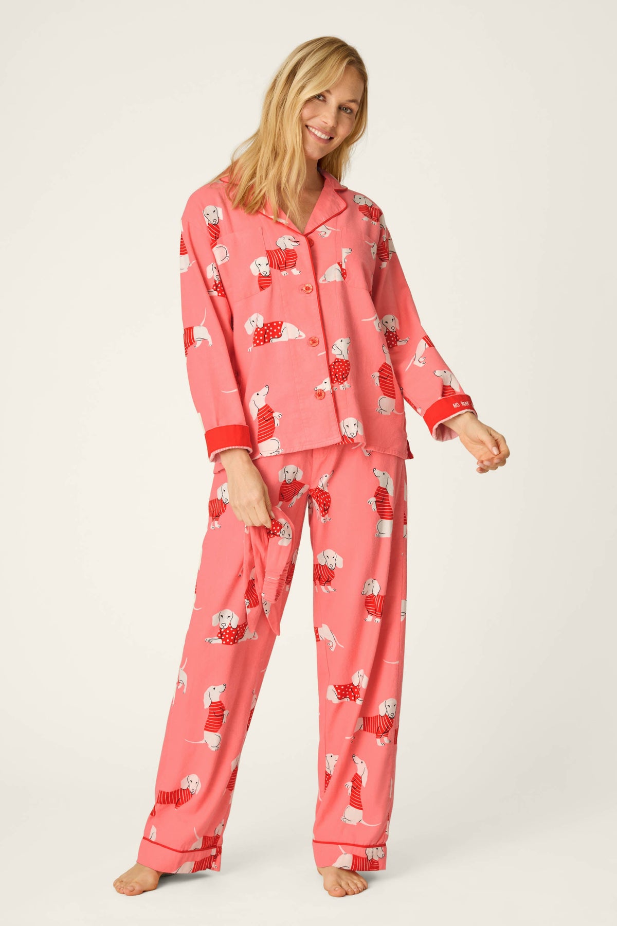 Dachshund Print 3-Piece Flannel PJ Set - CONCH SHELL