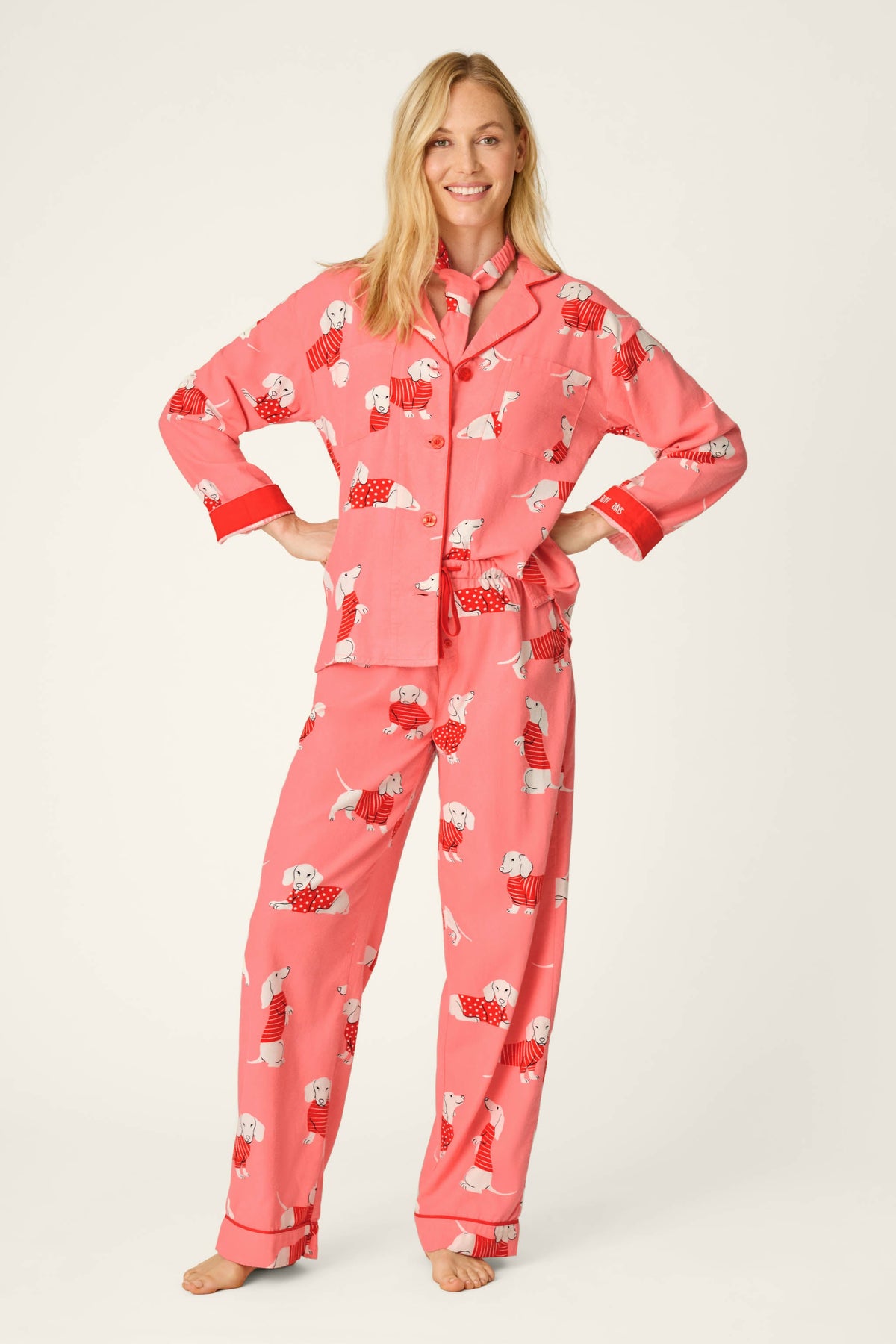 Dachshund Print 3-Piece Flannel PJ Set - CONCH SHELL