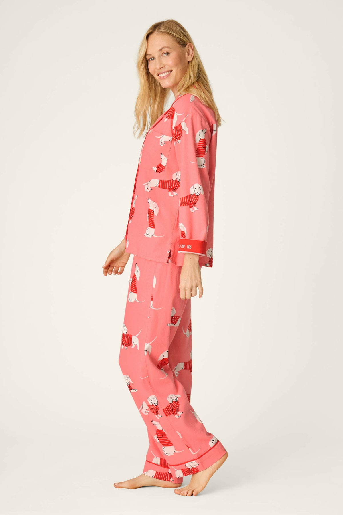 Dachshund Print 3-Piece Flannel PJ Set - CONCH SHELL