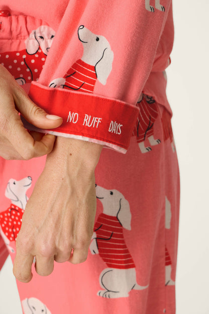 Dachshund Print 3-Piece Flannel PJ Set - CONCH SHELL