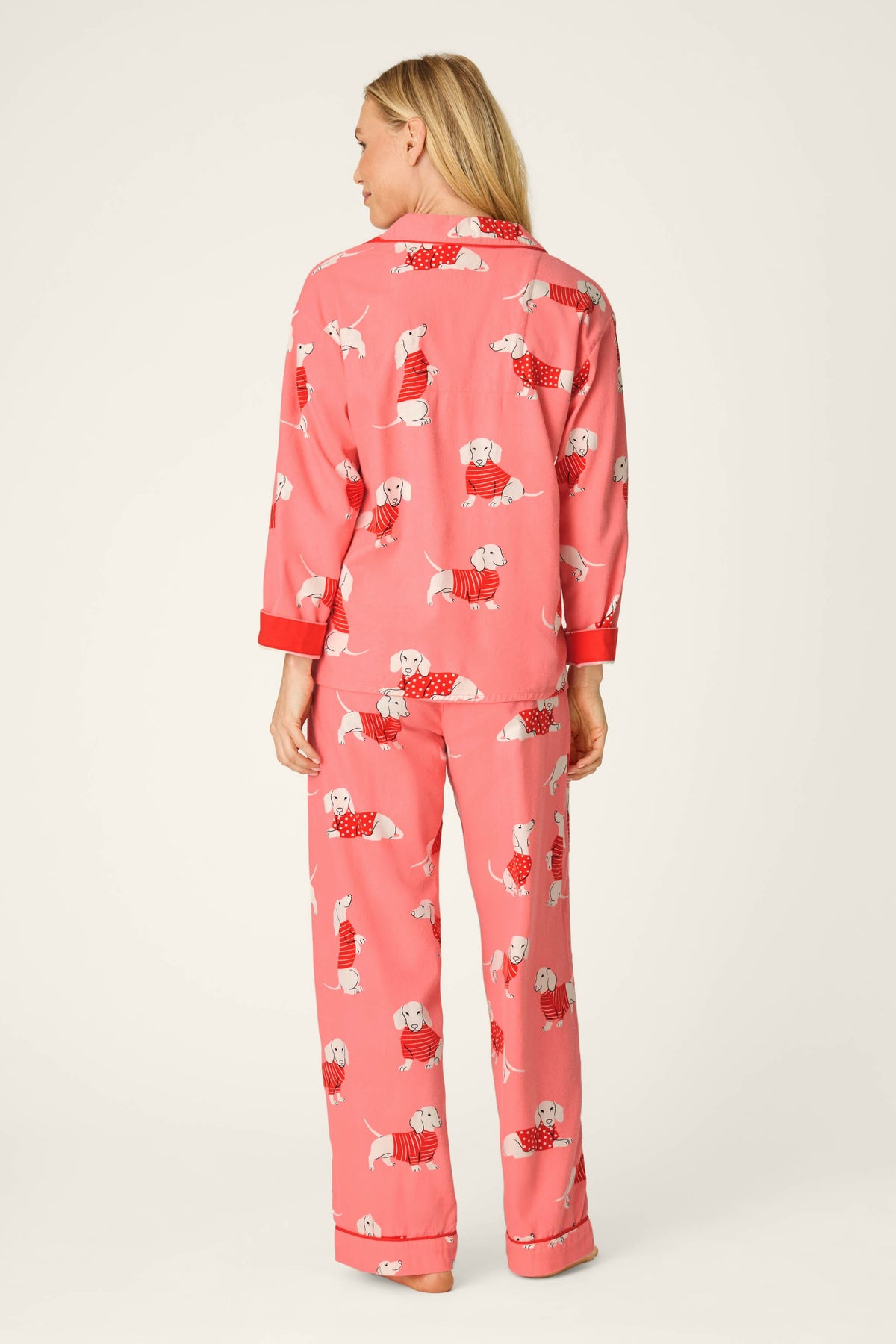 Dachshund Print 3-Piece Flannel PJ Set - CONCH SHELL