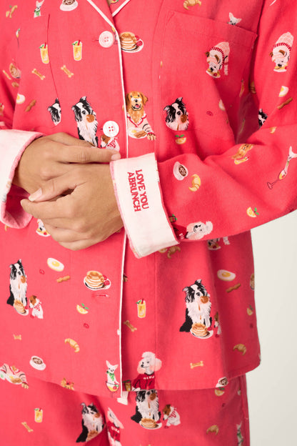 Dogs Who Brunch Print 3-Piece Long Sleeve Flannel PJ Set - DARK CORAL
