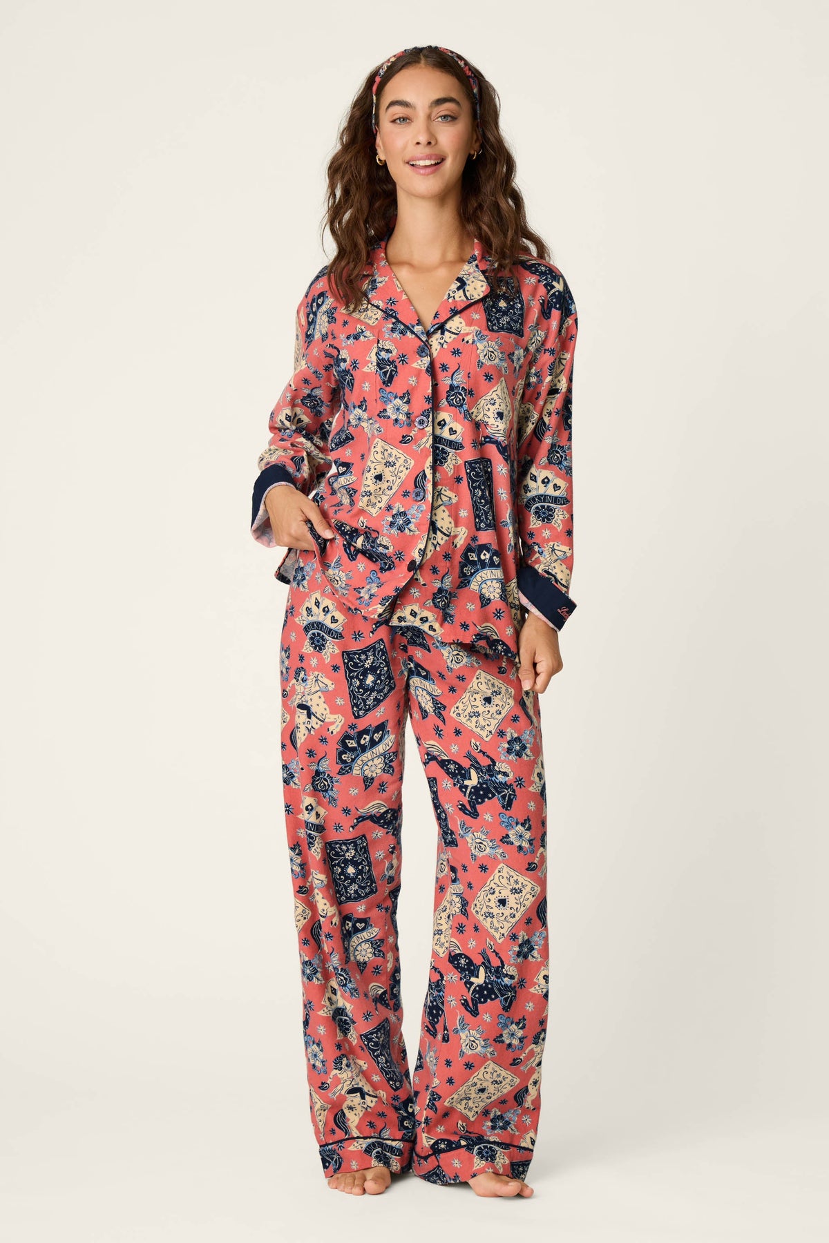 Lucky in Love Western Print 3-Piece Long Sleeve Flannel PJ Set - DARK ROSE