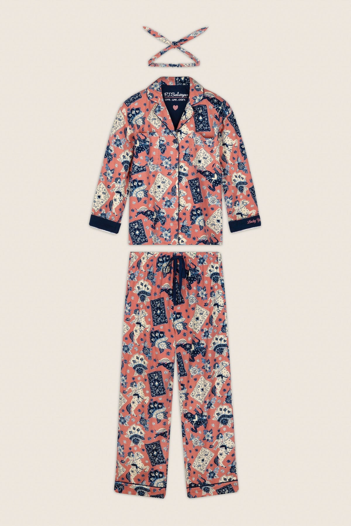 Lucky in Love Western Print 3-Piece Long Sleeve Flannel PJ Set - DARK ROSE