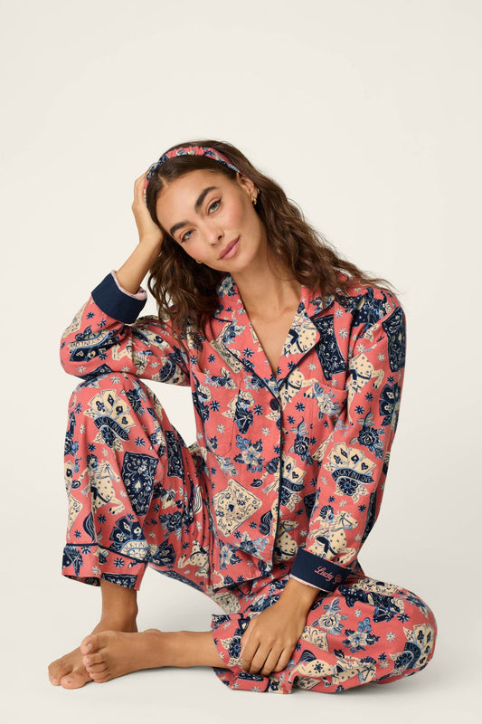 Lucky in Love Western Print 3-Piece Long Sleeve Flannel PJ Set - DARK ROSE