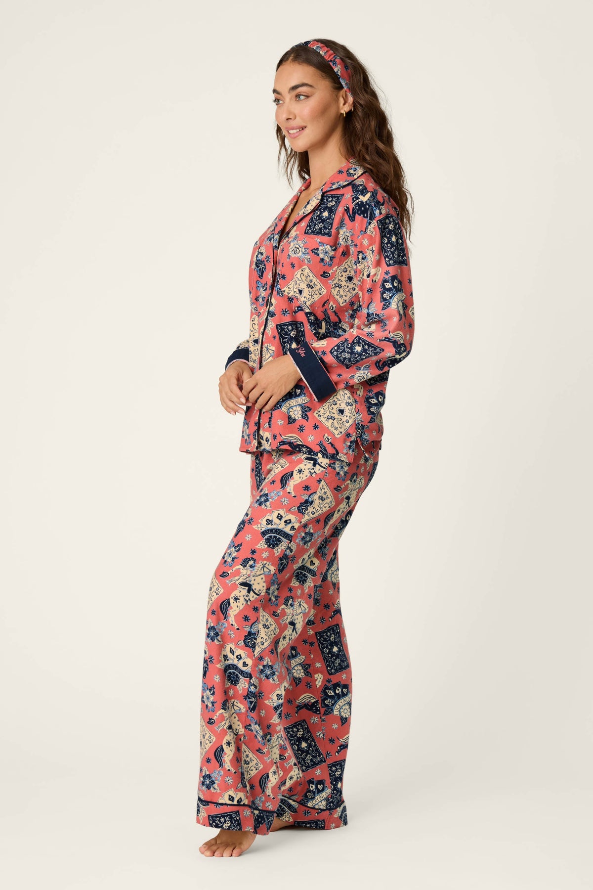 Lucky in Love Western Print 3-Piece Long Sleeve Flannel PJ Set - DARK ROSE