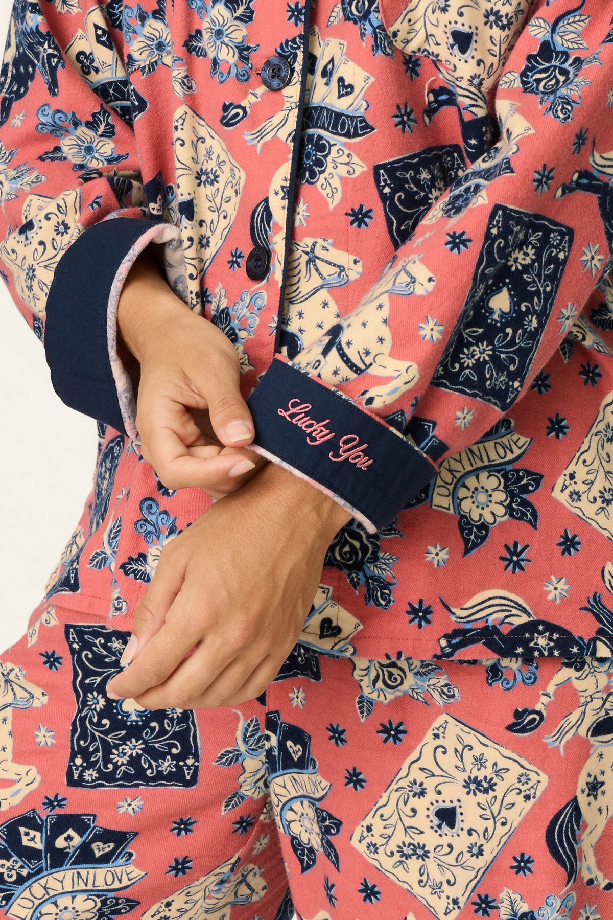 Lucky in Love Western Print 3-Piece Long Sleeve Flannel PJ Set - DARK ROSE
