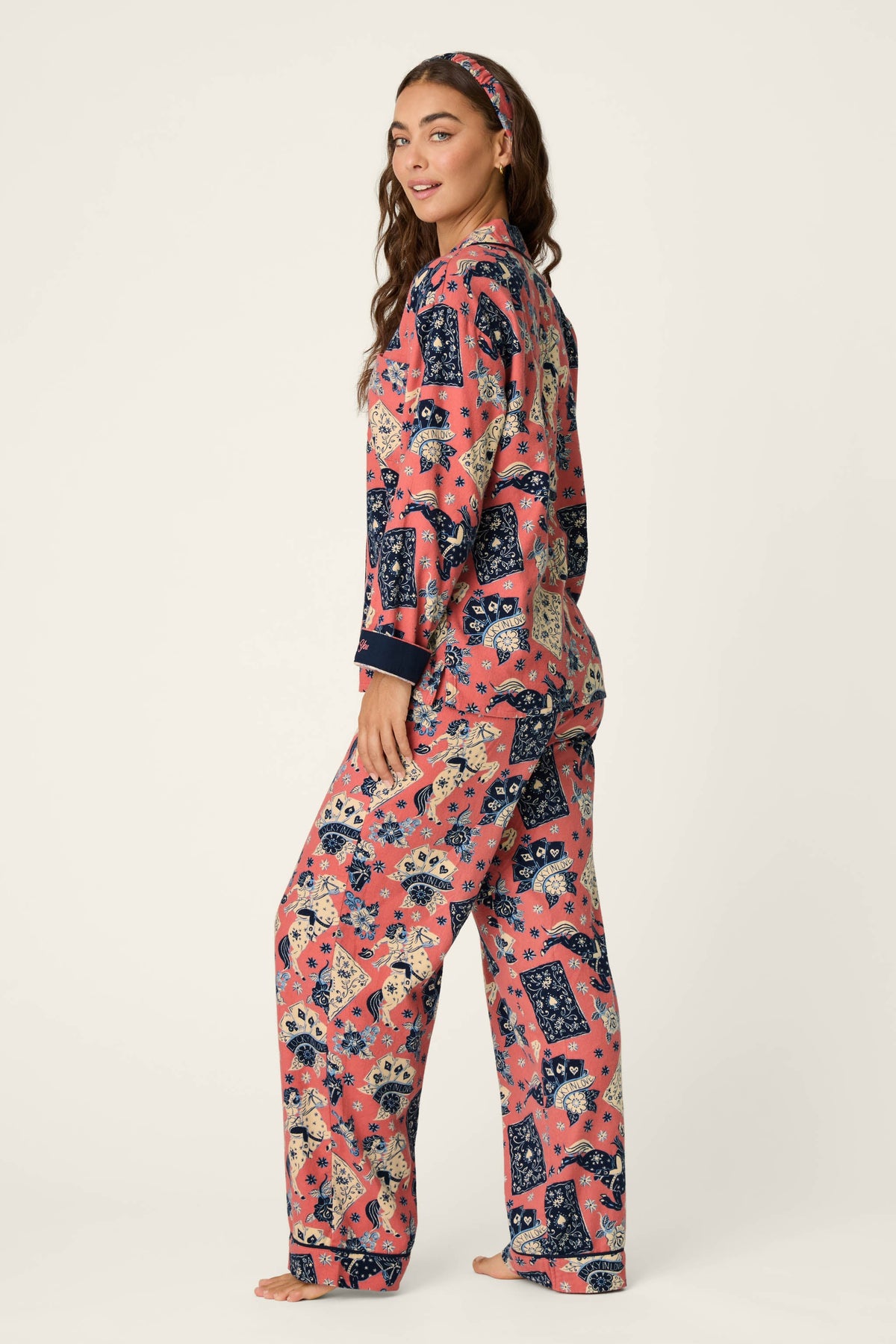 Lucky in Love Western Print 3-Piece Long Sleeve Flannel PJ Set - DARK ROSE