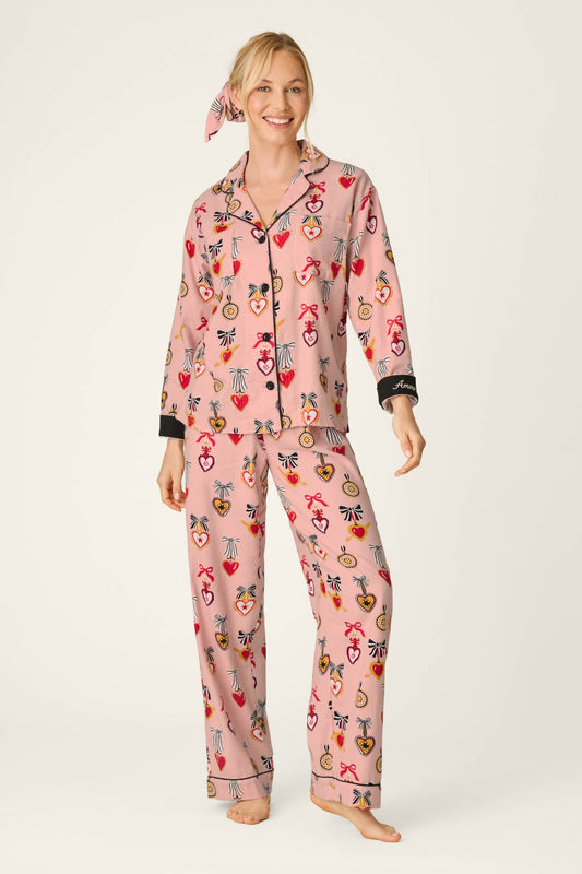 Love Lockets Print 3-Piece Long Sleeve Flannel PJ Set - ICED ROSE
