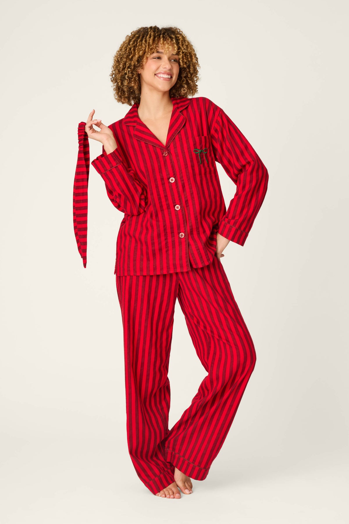Bow Icon 3-Piece Long Sleeve Flannel PJ Set - LIPSTICK
