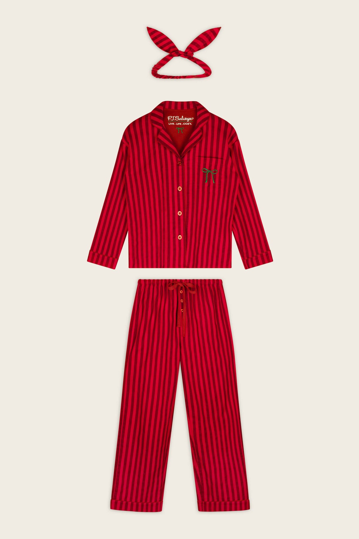 Bow Icon 3-Piece Long Sleeve Flannel PJ Set - LIPSTICK