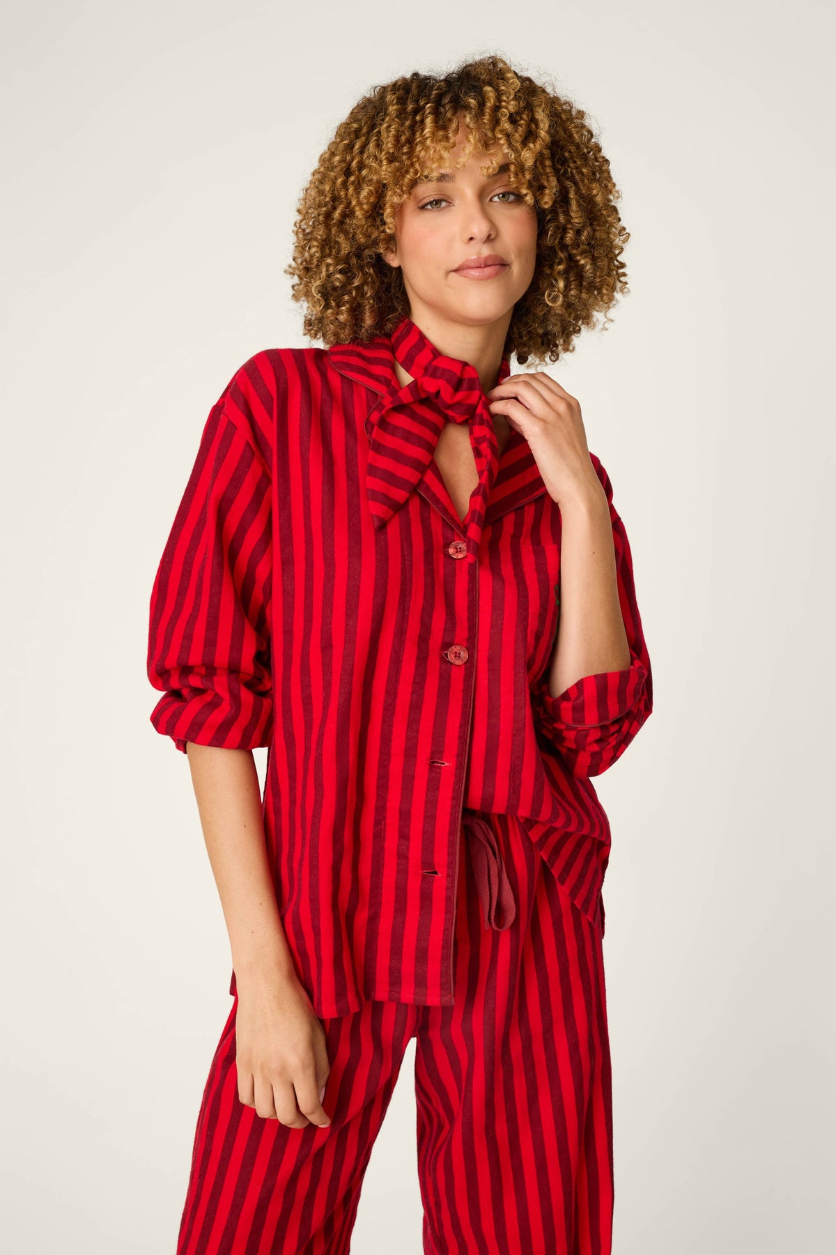 Bow Icon 3-Piece Long Sleeve Flannel PJ Set - LIPSTICK