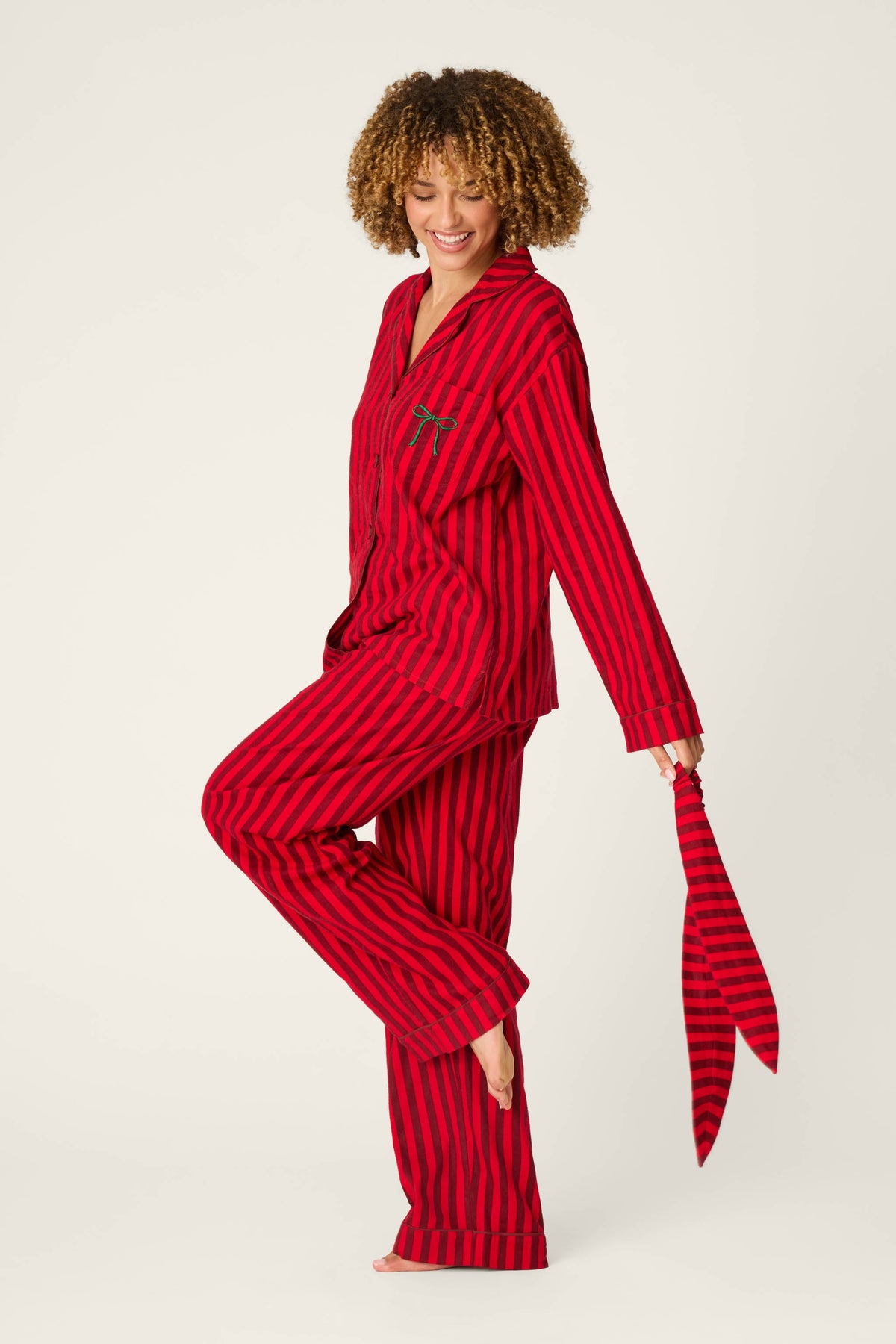 Bow Icon 3-Piece Long Sleeve Flannel PJ Set - LIPSTICK