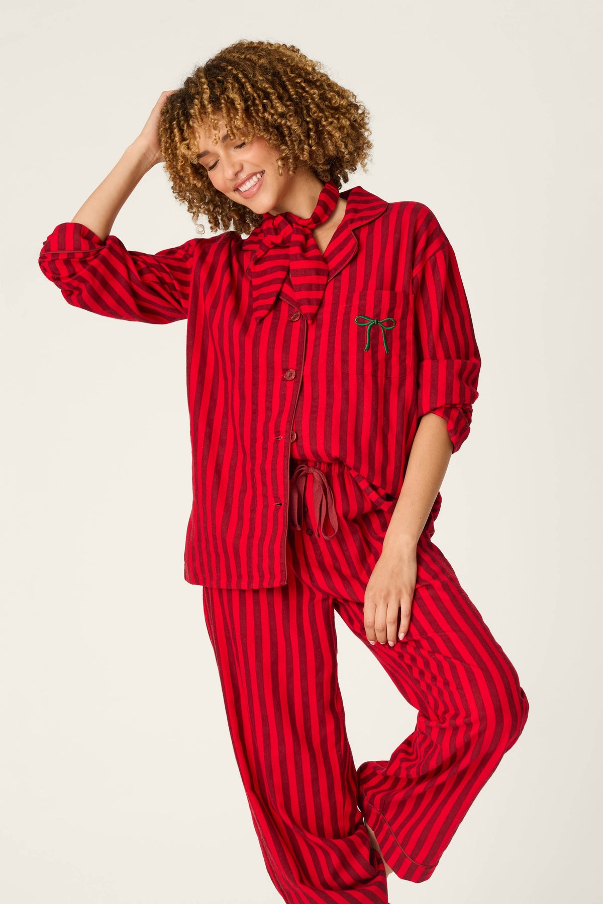 Bow Icon 3-Piece Long Sleeve Flannel PJ Set - LIPSTICK