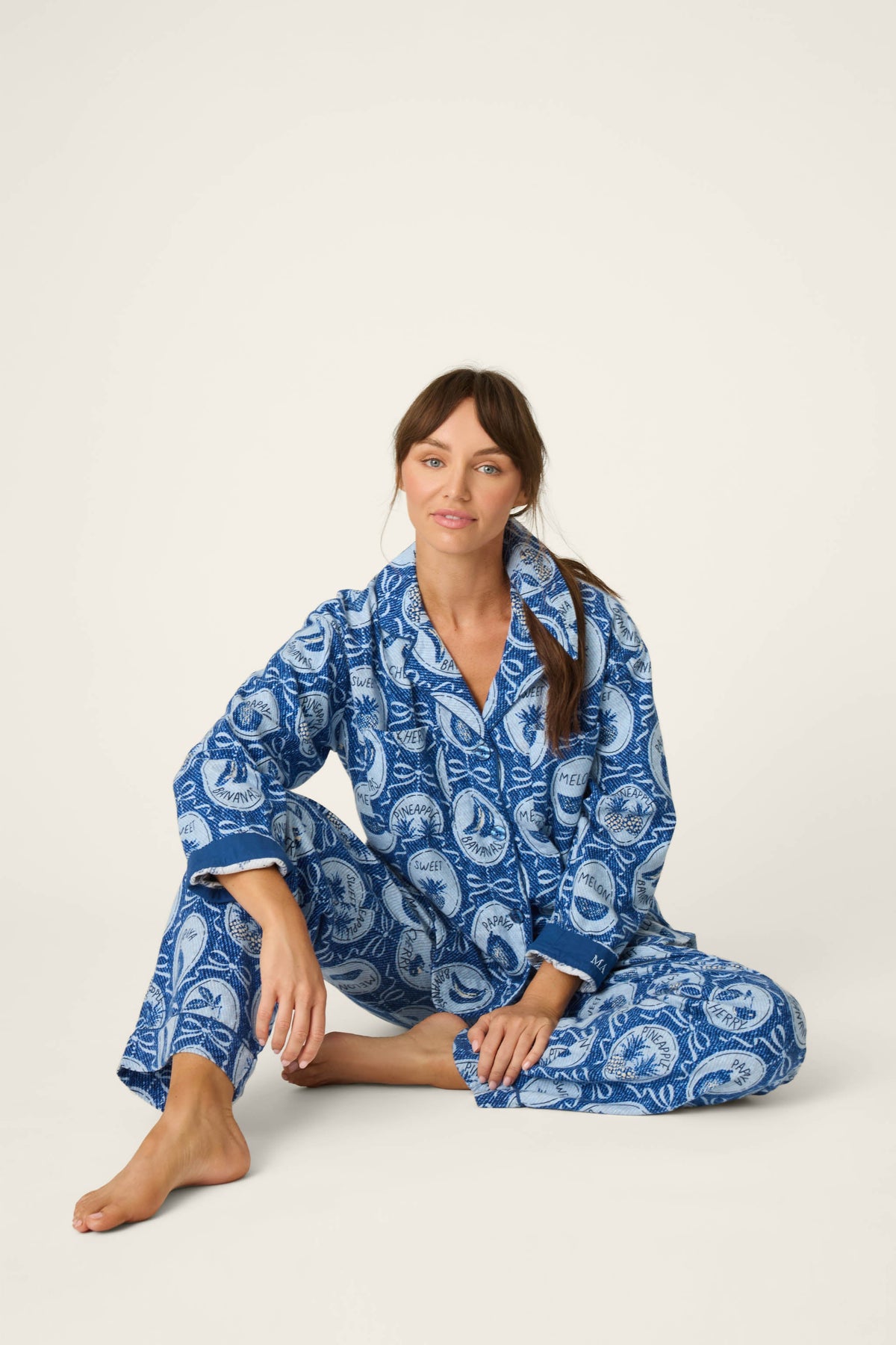 Fruit Medley Print 3-Piece Long Flannel PJ Set - NAVY PEONY