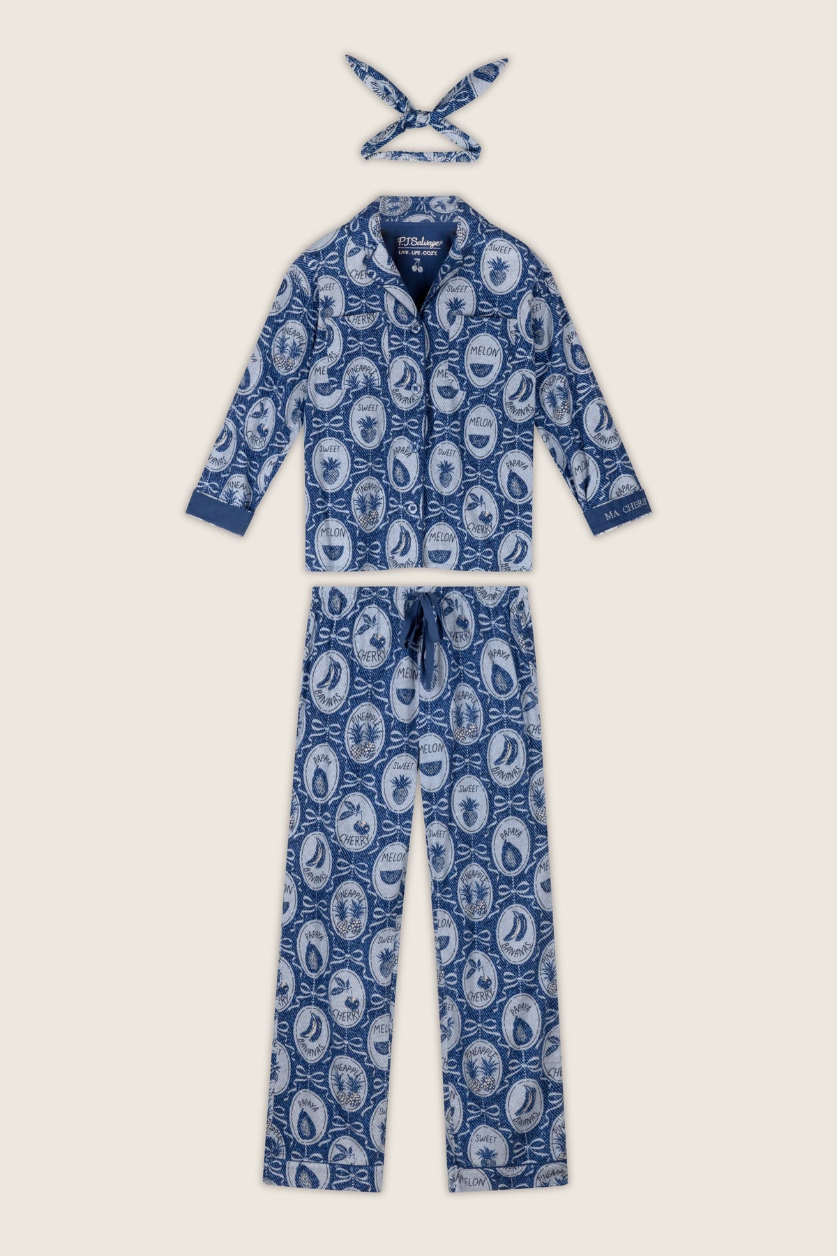 Fruit Medley Print 3-Piece Long Flannel PJ Set - NAVY PEONY