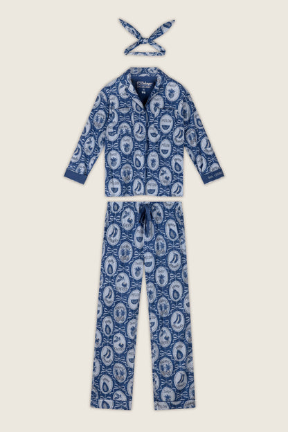 Fruit Medley Print 3-Piece Long Flannel PJ Set - NAVY PEONY