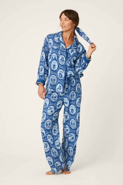 Fruit Medley Print 3-Piece Long Flannel PJ Set - NAVY PEONY