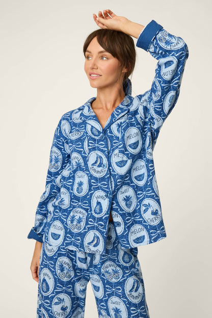 Fruit Medley Print 3-Piece Long Flannel PJ Set - NAVY PEONY