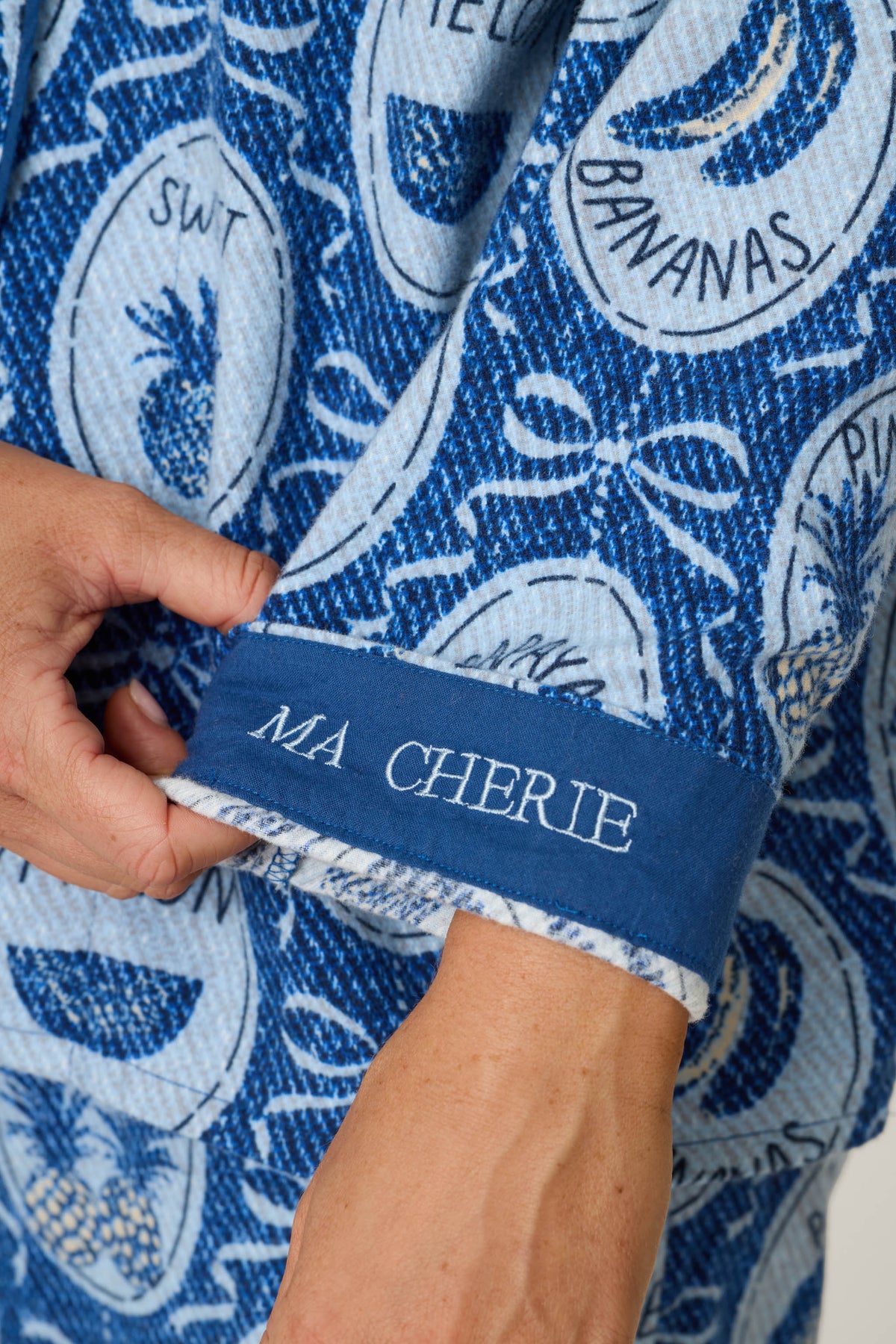 Fruit Medley Print 3-Piece Long Flannel PJ Set - NAVY PEONY