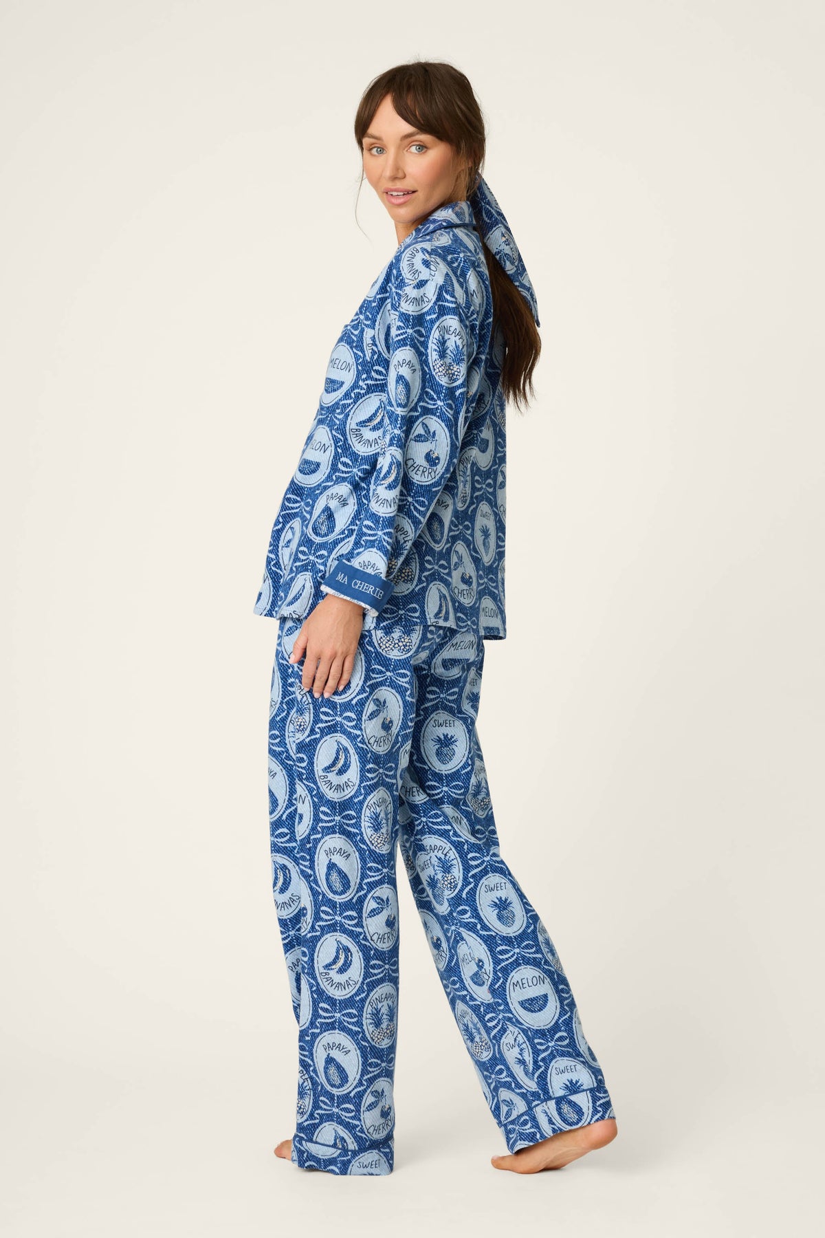Fruit Medley Print 3-Piece Long Flannel PJ Set - NAVY PEONY