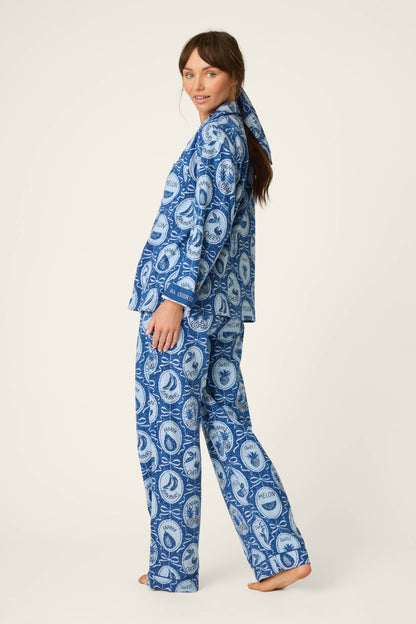 Fruit Medley Print 3-Piece Long Flannel PJ Set - NAVY PEONY