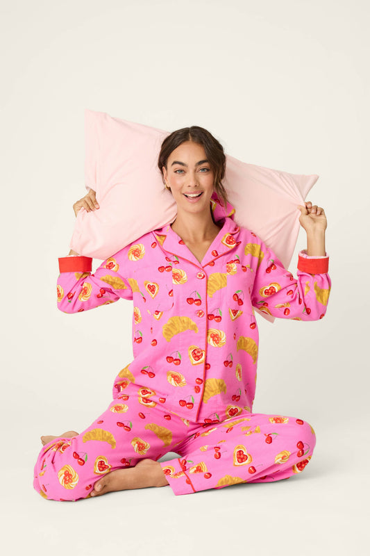 Breakfast Pastry Print 3-Piece Flannel PJ Set - PINK ROSE