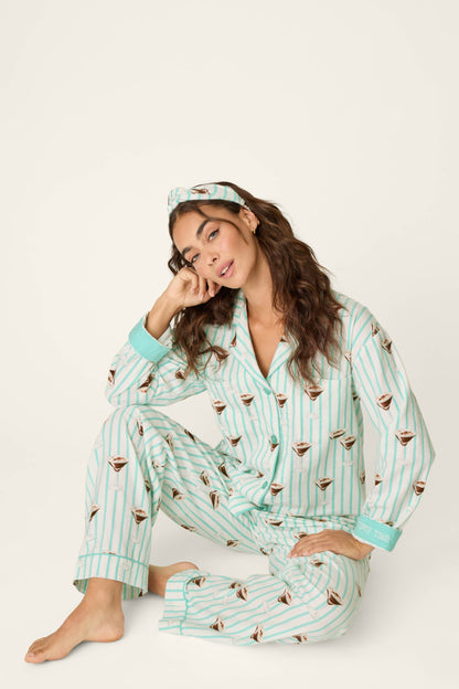 Espresso Martini Print 3-Piece Long Sleeve Flannel PJ Set - POOL BLUE