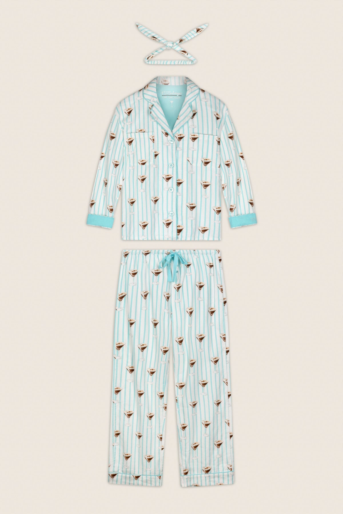 Espresso Martini Print 3-Piece Long Sleeve Flannel PJ Set - POOL BLUE