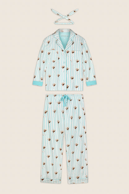 Espresso Martini Print 3-Piece Long Sleeve Flannel PJ Set - POOL BLUE