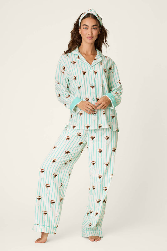 Espresso Martini Print 3-Piece Long Sleeve Flannel PJ Set - POOL BLUE