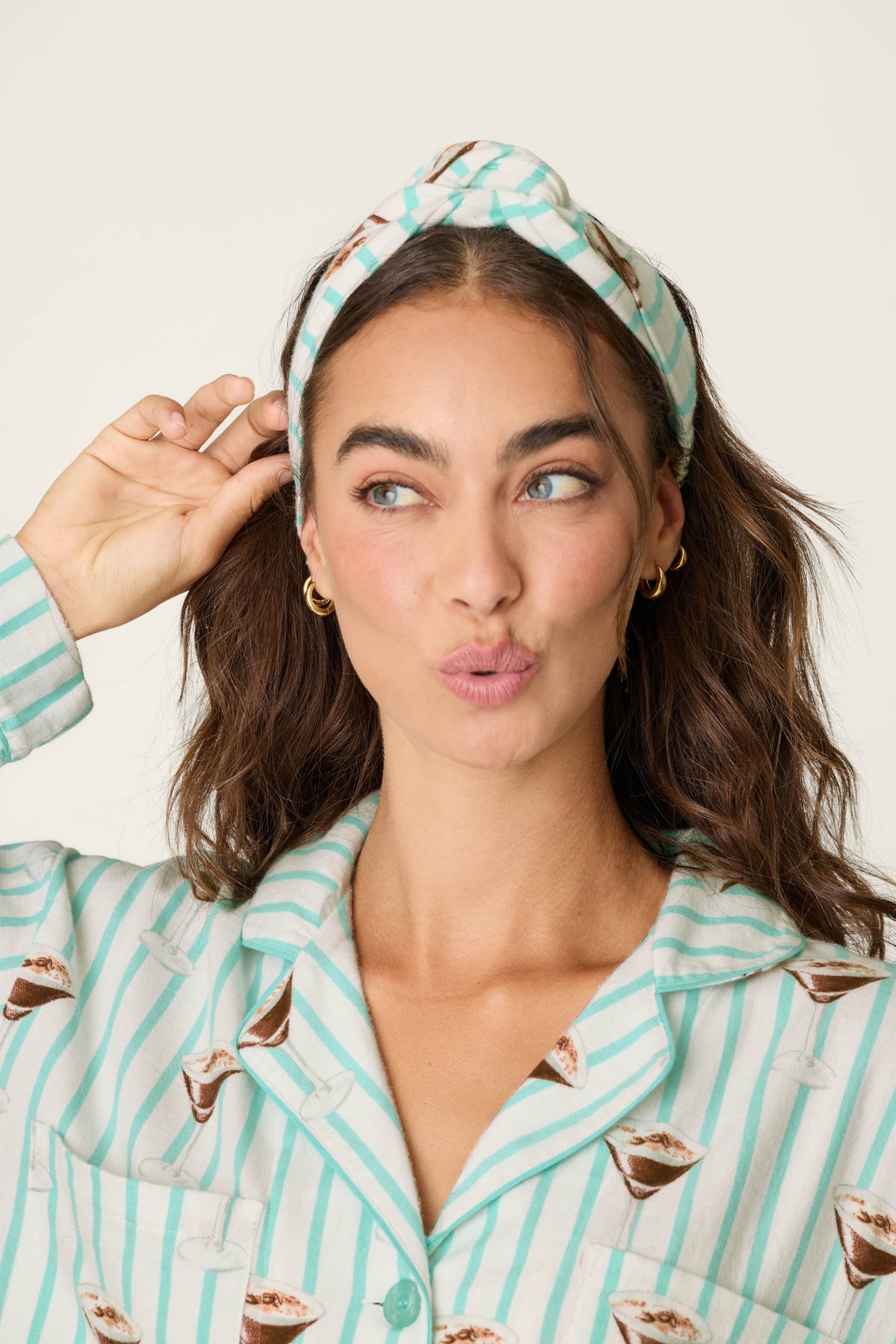 Espresso Martini Print 3-Piece Long Sleeve Flannel PJ Set - POOL BLUE