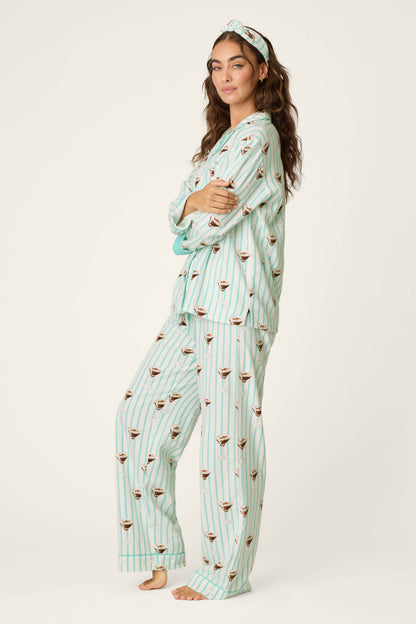 Espresso Martini Print 3-Piece Long Sleeve Flannel PJ Set - POOL BLUE