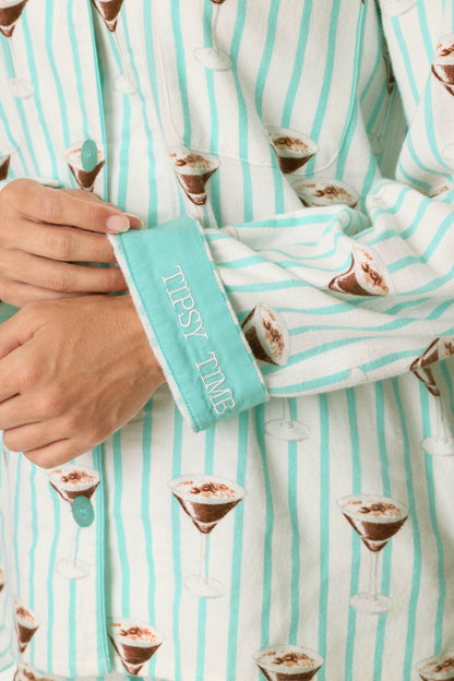 Espresso Martini Print 3-Piece Long Sleeve Flannel PJ Set - POOL BLUE