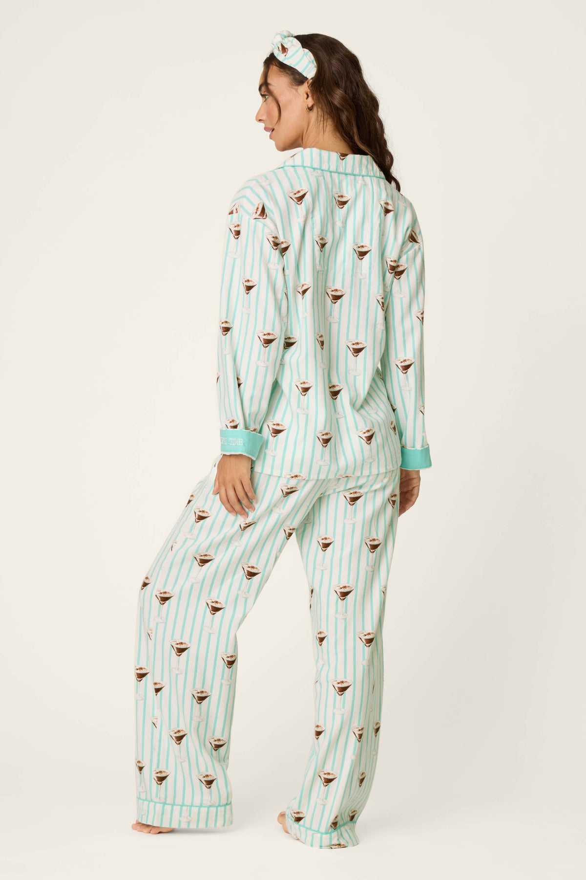Espresso Martini Print 3-Piece Long Sleeve Flannel PJ Set - POOL BLUE