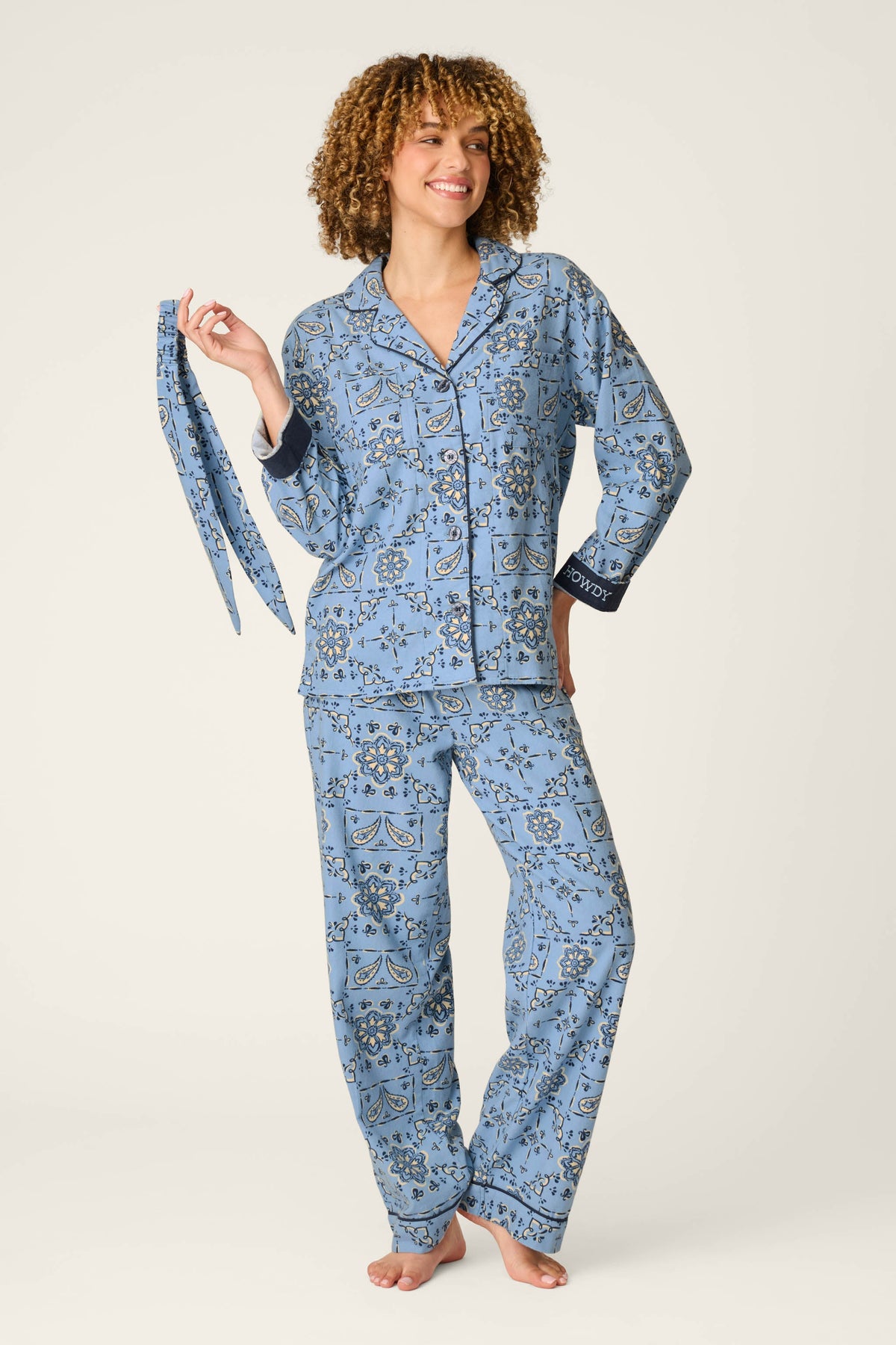 Classic Paisley Bandana Print 3-Piece Long Sleeve Flannel PJ Set - SOFT CHAMBRAY