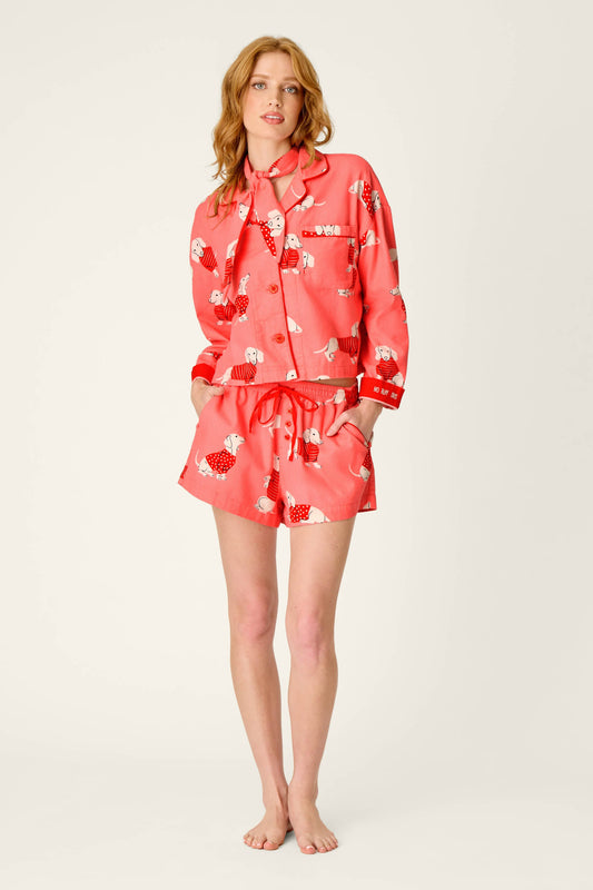 Dachshund Print 3-Piece Short Flannel PJ Set - CONCH SHELL