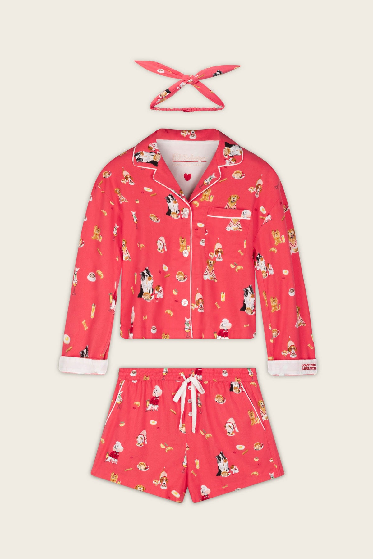 Dogs Who Brunch Print 3-Piece Short Flannel PJ Set - DARK CORAL