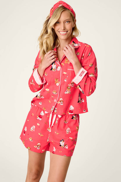 Dogs Who Brunch Print 3-Piece Short Flannel PJ Set - DARK CORAL