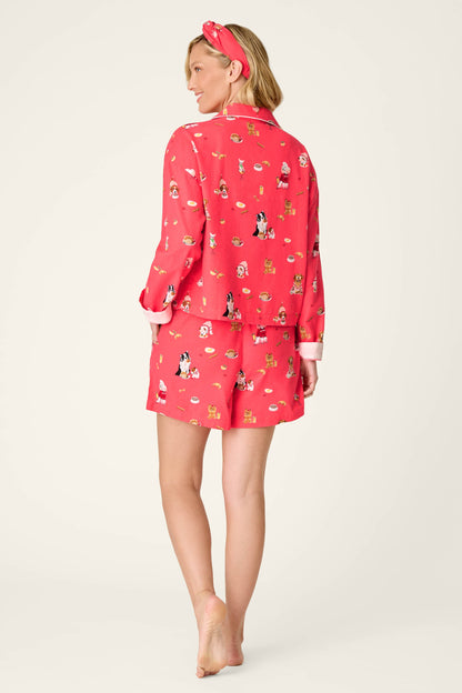 Dogs Who Brunch Print 3-Piece Short Flannel PJ Set - DARK CORAL