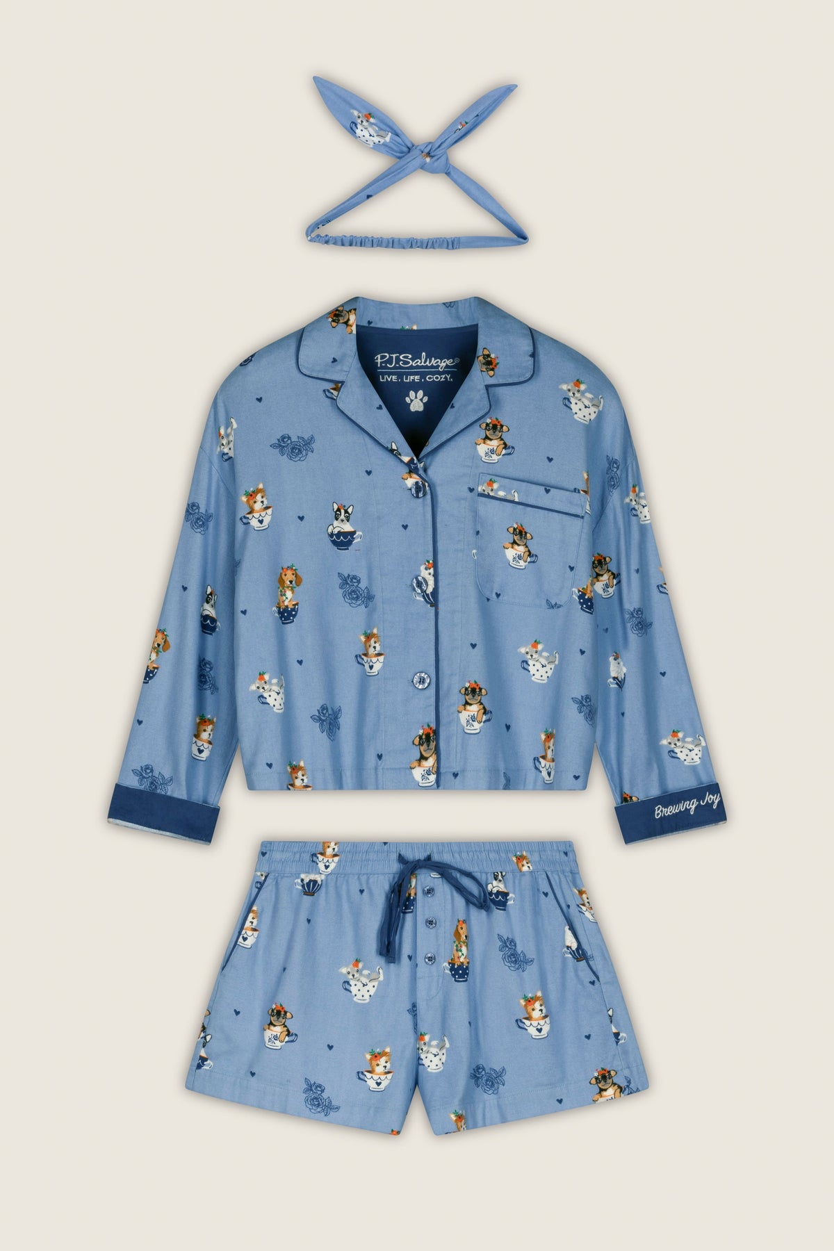 Teacup Pups 3-Piece Short Flannel PJ Set - DENIM