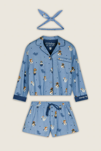Teacup Pups 3-Piece Short Flannel PJ Set - DENIM