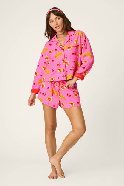 Breakfast Pastry Print 3-Piece Short Flannel PJ Set - PINK ROSE