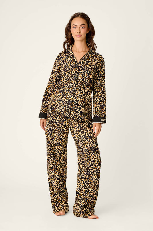 Wild At Heart Leopard Print 3-Piece Flannel PJ Set - BEIGE