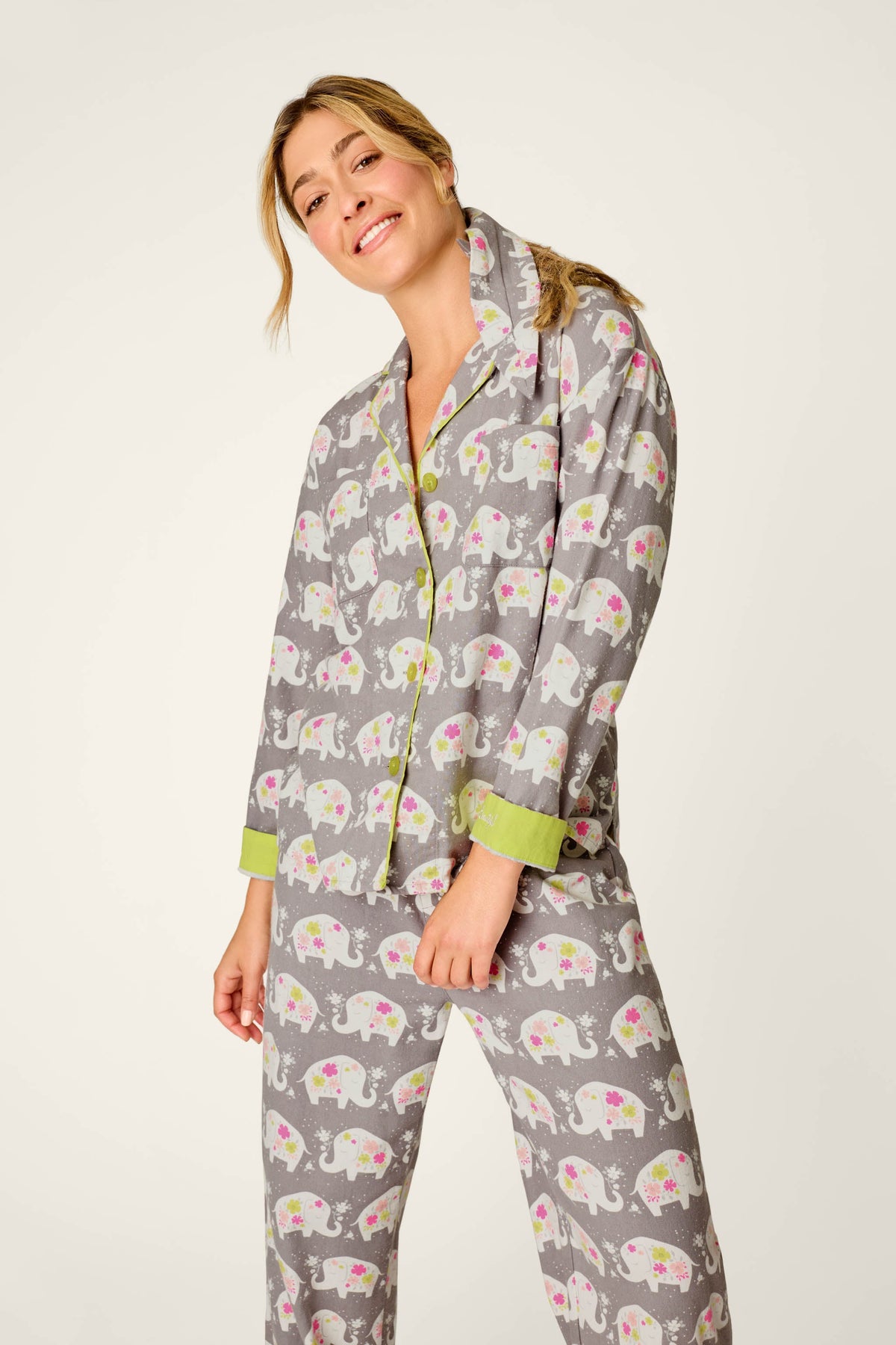 Blooms on Parade Elephant Print 3-Piece Flannel PJ Set - GRAY