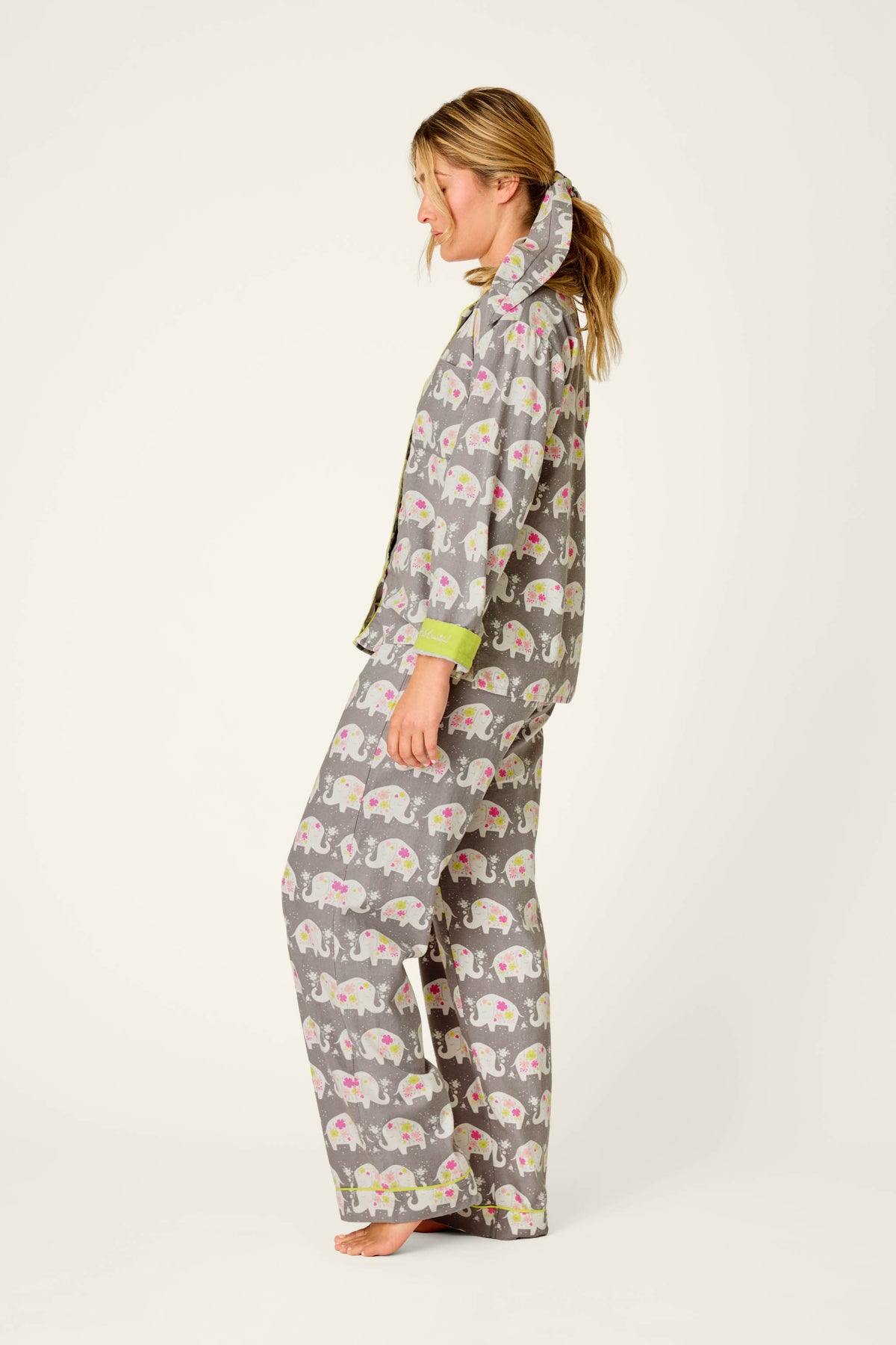 Blooms on Parade Elephant Print 3-Piece Flannel PJ Set - GRAY