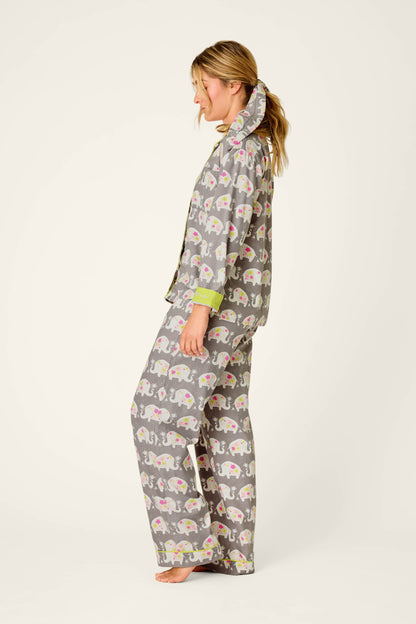 Blooms on Parade Elephant Print 3-Piece Flannel PJ Set - GRAY