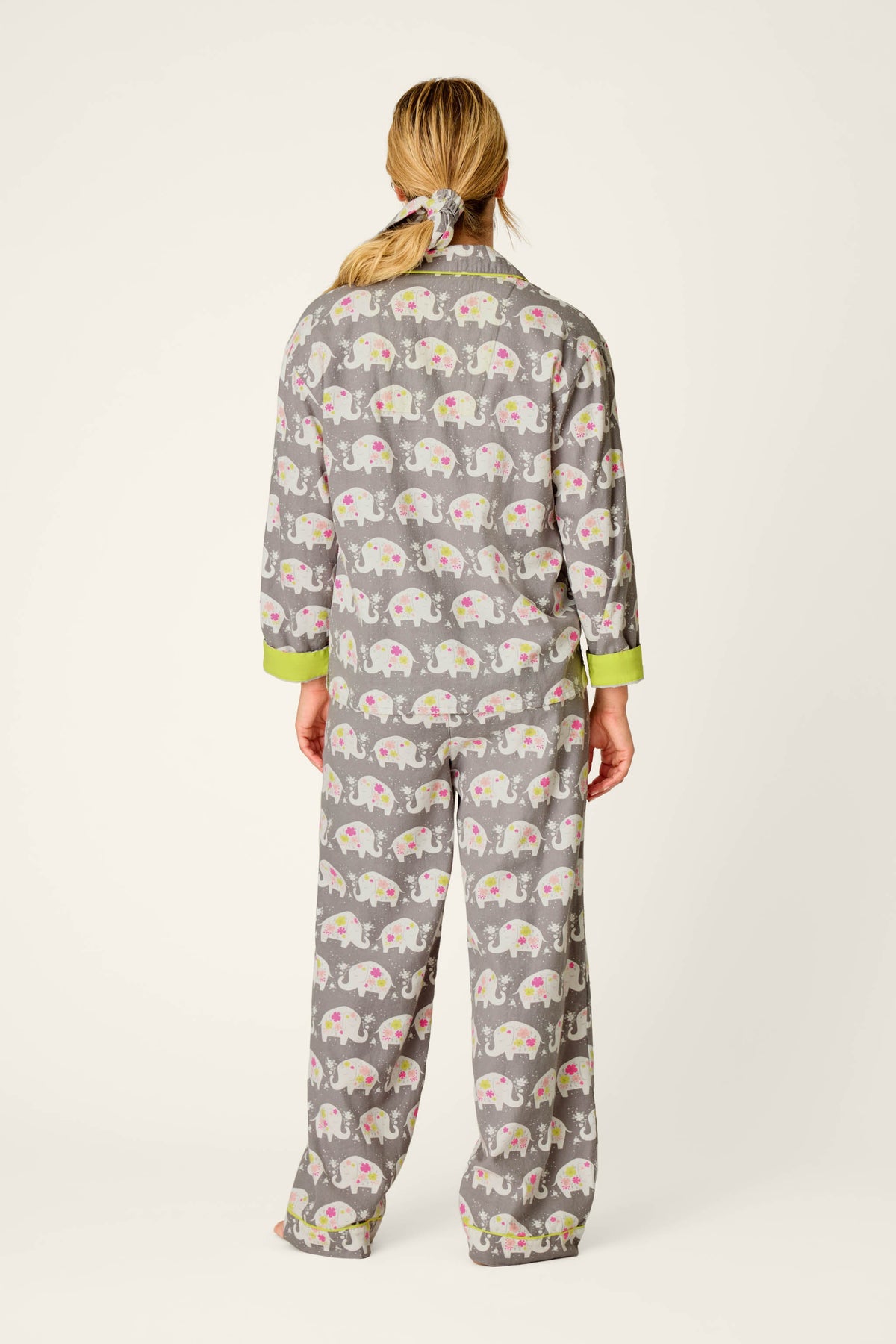 Blooms on Parade Elephant Print 3-Piece Flannel PJ Set - GRAY