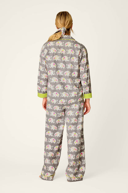 Blooms on Parade Elephant Print 3-Piece Flannel PJ Set - GRAY